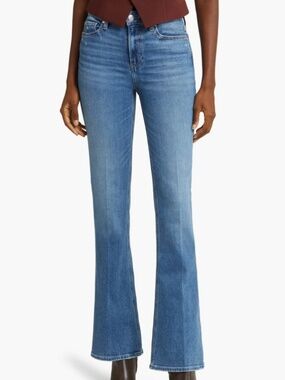 Paige High Rise Laurel Canyon Medium Blue Denim Jeans Flare Zip Front 5 Pocket